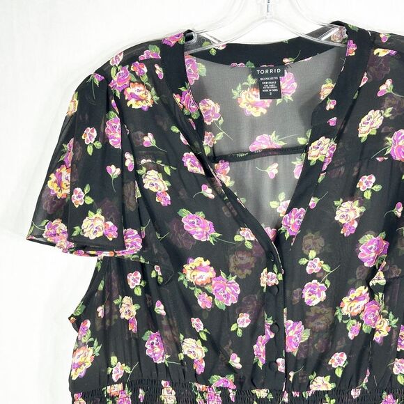 Torrid Plus Size 3X Top Floral Flutter Cap Sleeve Black Purple Smocked Sheer 458 - Picture 5 of 9